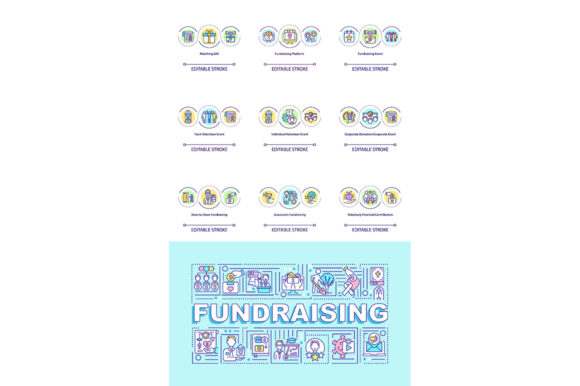 Fundraising Concept Icons Set with Text: Graphics & Graphic Templates