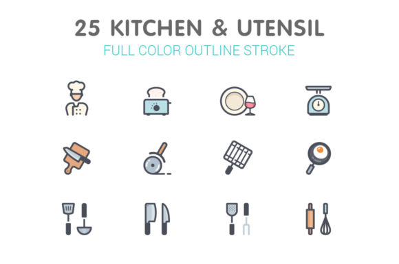 Kitchen and Utensil Line Graphics: Color Icons for Handmade Creators